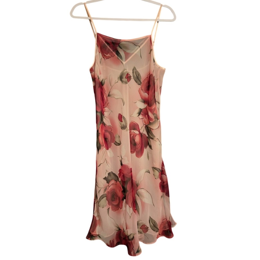 Vintage Valerie Stevens Pink Floral Chiffon Slip Dress 90s Rose Print Medium